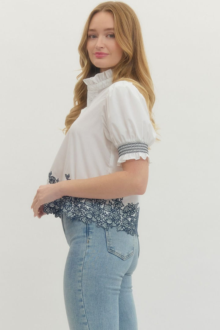 Embroidered Smocked Cuff Blouse W/ Ruffle Collar - Lush Lemon - Women's Clothing - Entro - 75832751089565