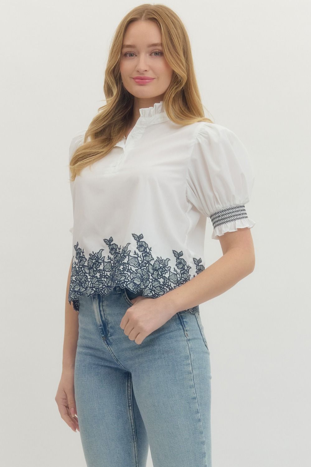 Embroidered Smocked Cuff Blouse W/ Ruffle Collar - Lush Lemon - Women's Clothing - Entro - 75832751089565