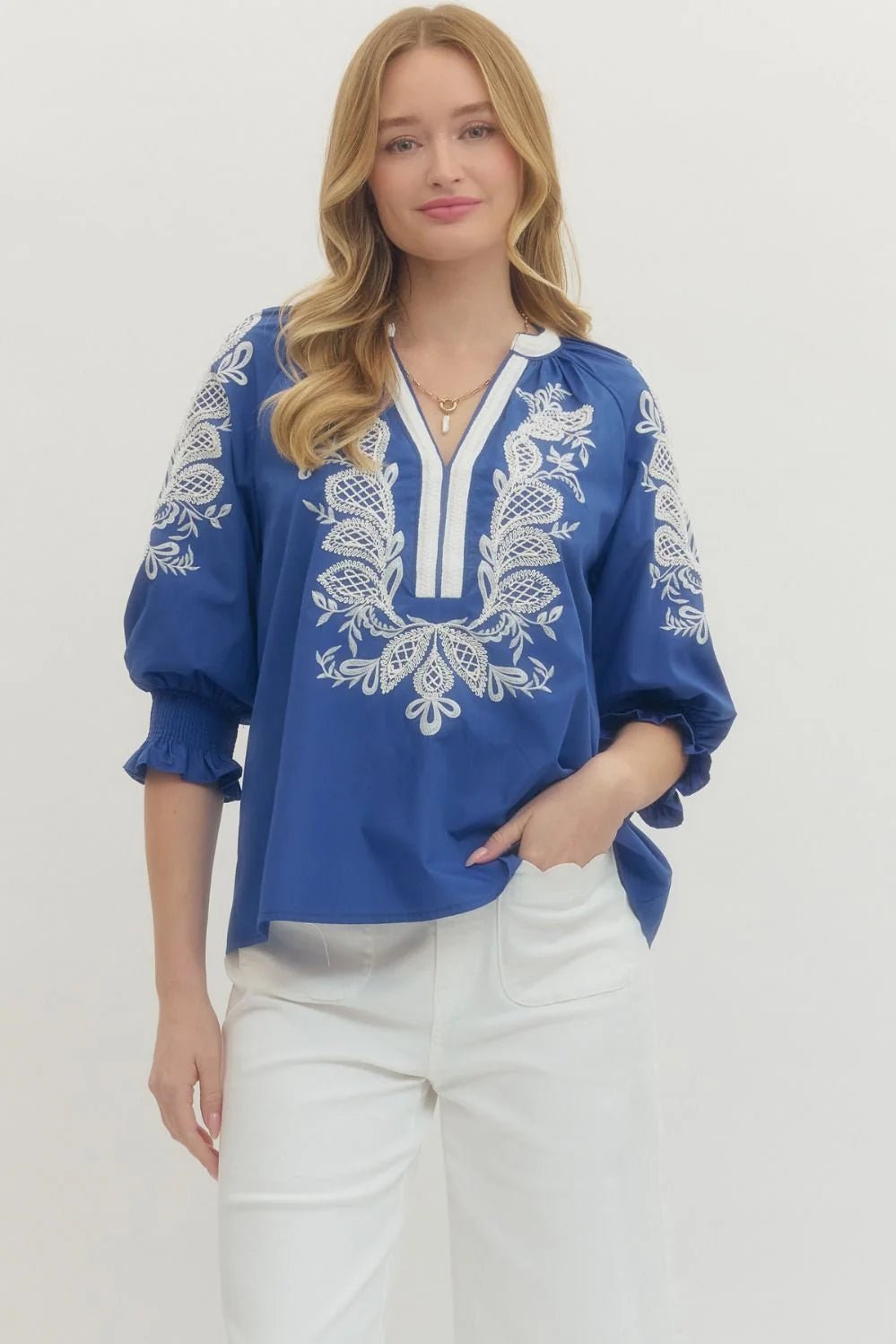 Embroidered Split Neck 3/4 Sleeve Top - Lush Lemon - Women's Clothing - Entro - 22671951039389