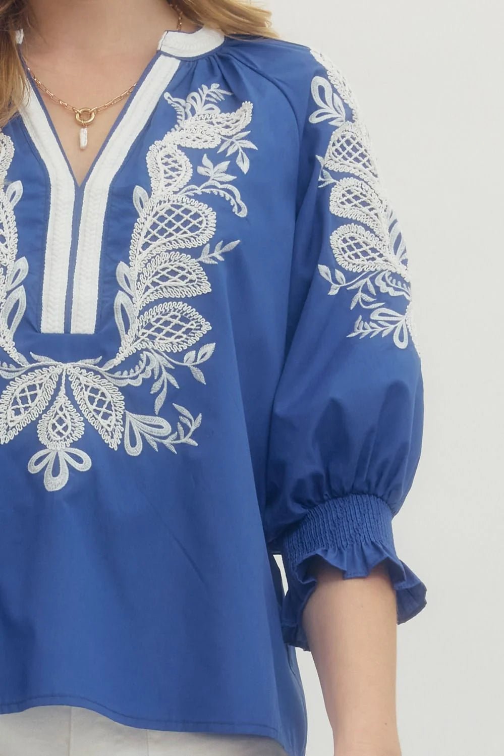 Embroidered Split Neck 3/4 Sleeve Top - Lush Lemon - Women's Clothing - Entro - 22671951039389