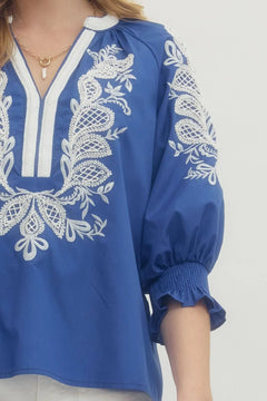 Embroidered Split Neck 3/4 Sleeve Top - Lush Lemon - Women&