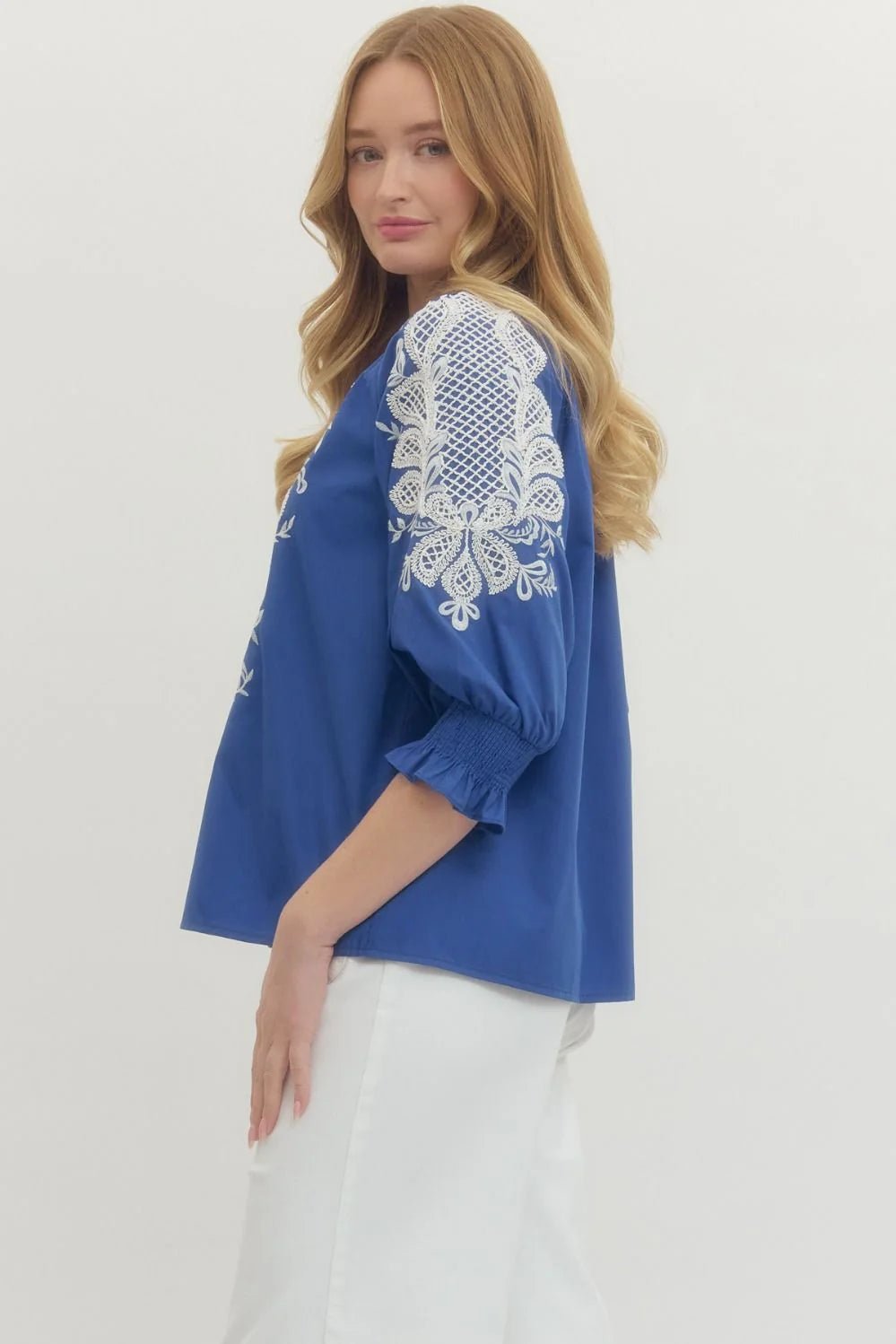 Embroidered Split Neck 3/4 Sleeve Top - Lush Lemon - Women's Clothing - Entro - 22671951039389