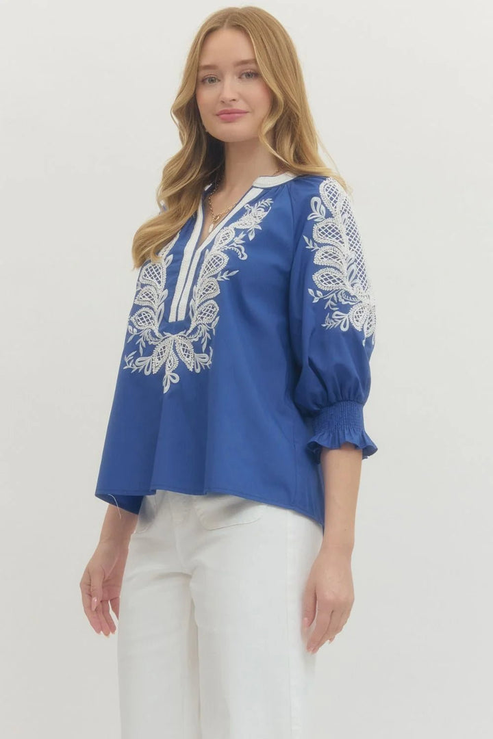 Embroidered Split Neck 3/4 Sleeve Top - Lush Lemon - Women's Clothing - Entro - 22671951039389