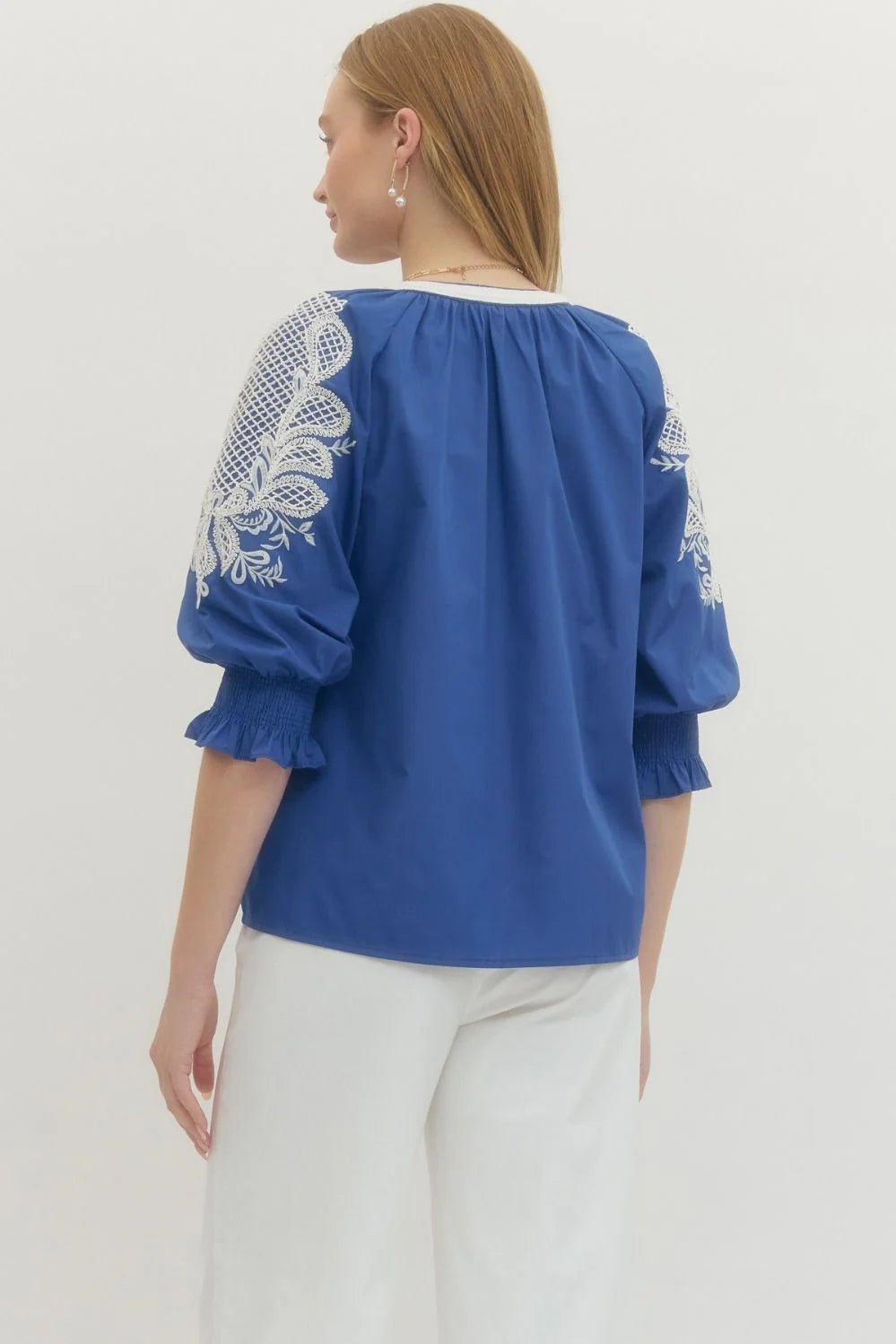Embroidered Split Neck 3/4 Sleeve Top - Lush Lemon - Women's Clothing - Entro - 22671951039389