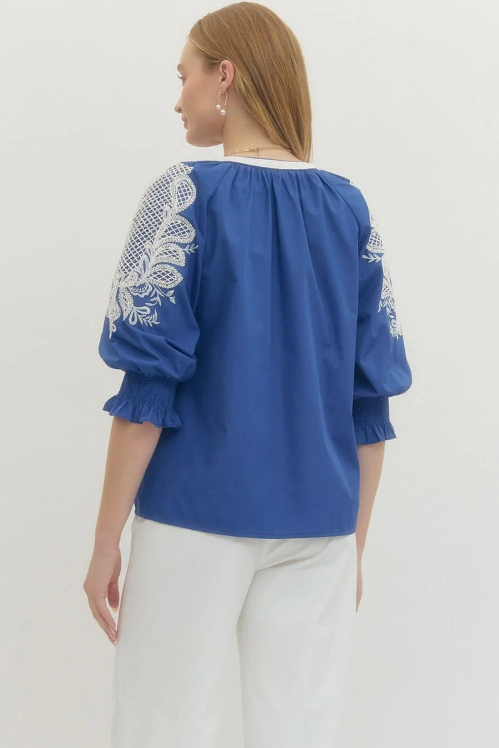 Embroidered Split Neck 3/4 Sleeve Top - Lush Lemon - Women's Clothing - Entro - 22671951039389