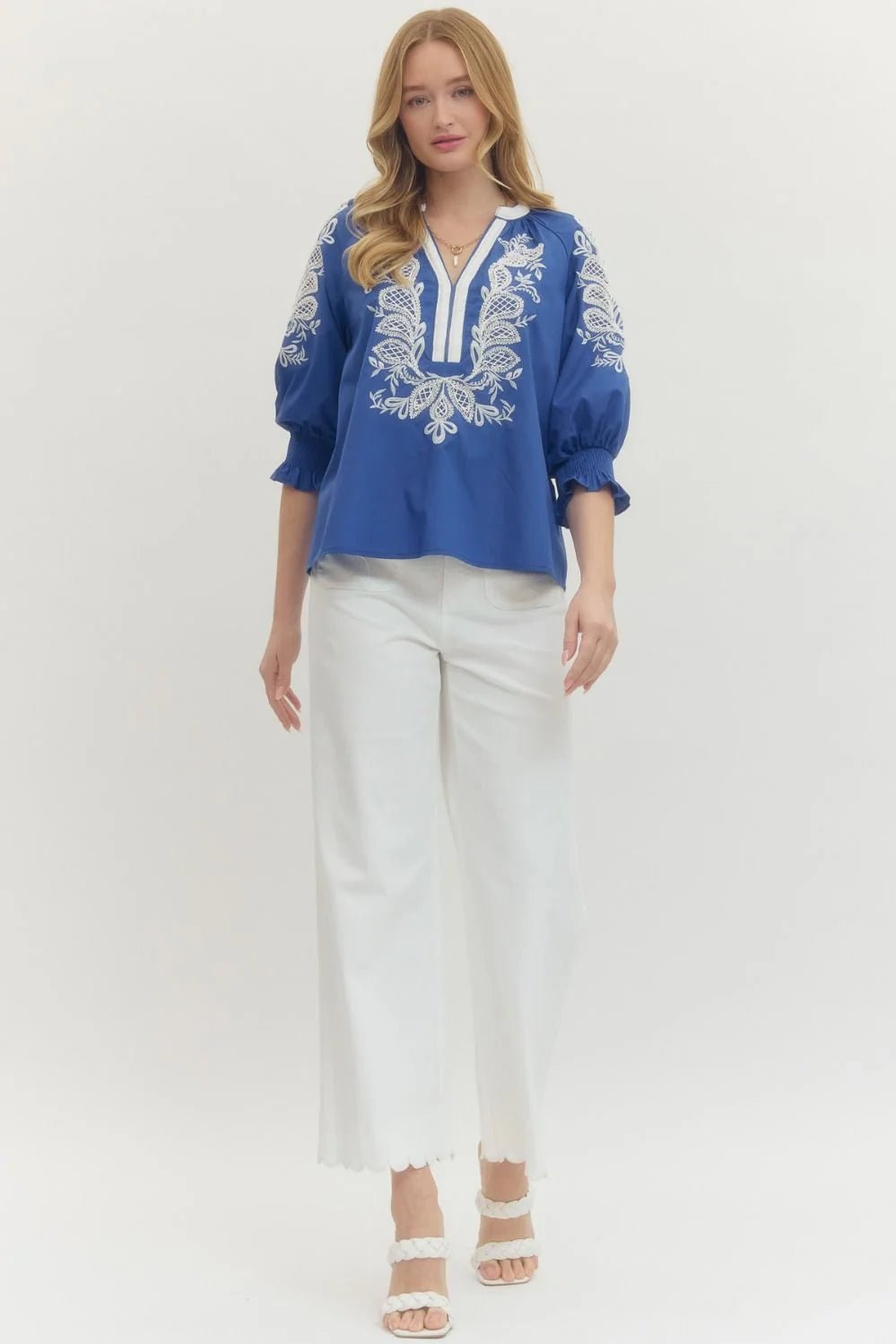 Embroidered Split Neck 3/4 Sleeve Top - Lush Lemon - Women's Clothing - Entro - 22671951039389