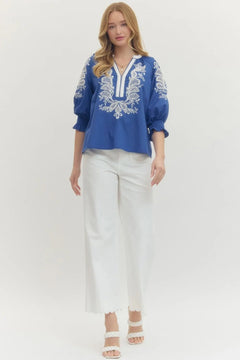 Embroidered Split Neck 3/4 Sleeve Top - Lush Lemon - Women&
