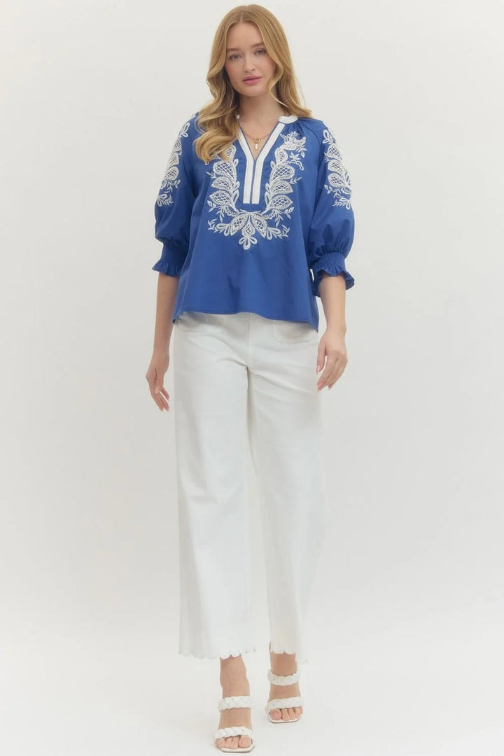 Embroidered Split Neck 3/4 Sleeve Top - Lush Lemon - Women's Clothing - Entro - 22671951039389