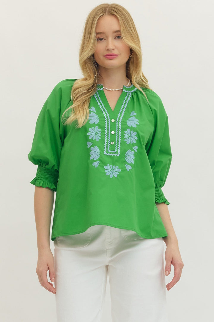 Embroidered Split Neck Blouse - Lush Lemon - Women's Clothing - Entro - 26744051016893
