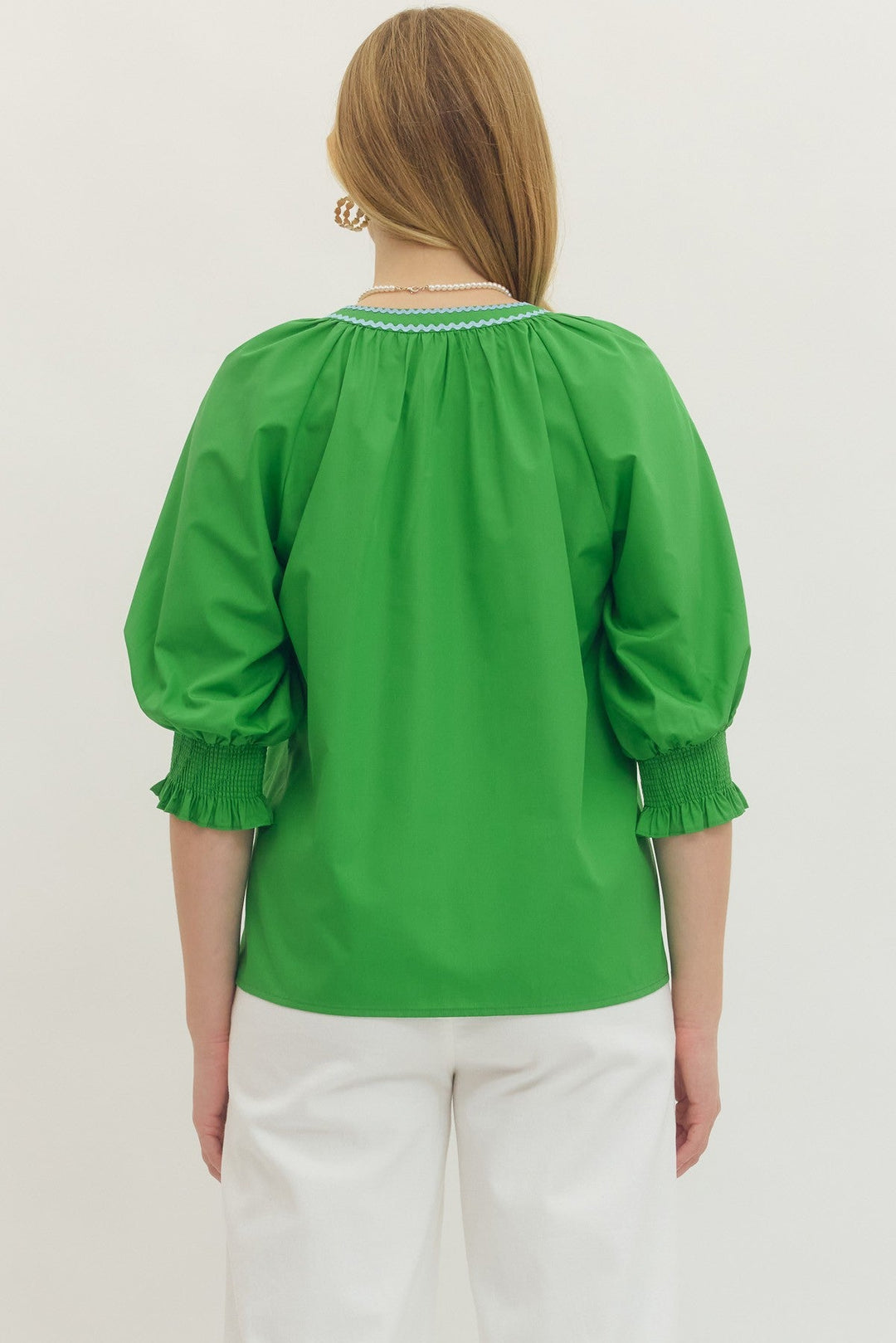 Embroidered Split Neck Blouse - Lush Lemon - Women's Clothing - Entro - 26744051016893