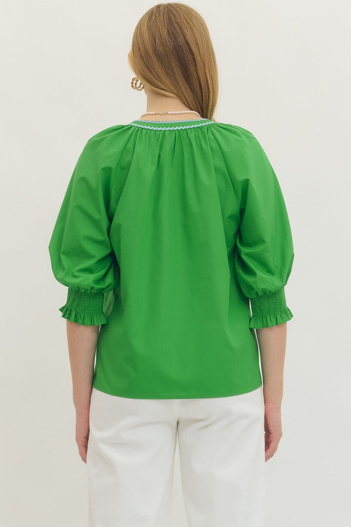 Embroidered Split Neck Blouse - Lush Lemon - Women's Clothing - Entro - 26744051016893
