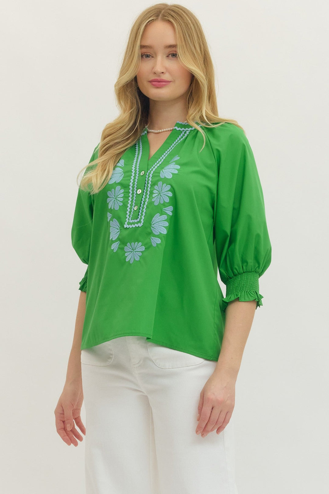 Embroidered Split Neck Blouse - Lush Lemon - Women's Clothing - Entro - 26744051016893