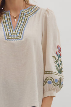Embroidered V - Neck Floral Top - Lush Lemon - Women&
