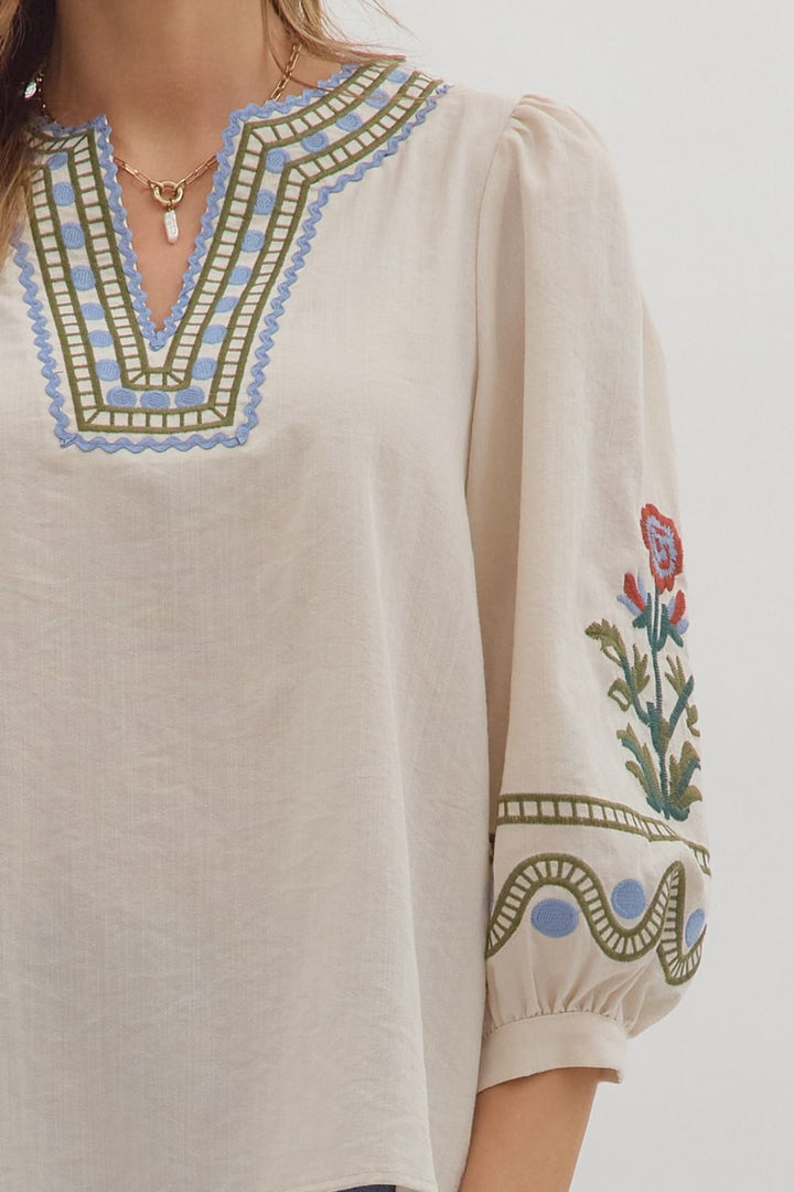 Embroidered V - Neck Floral Top - Lush Lemon - Women's Clothing - Entro - 65452371039037