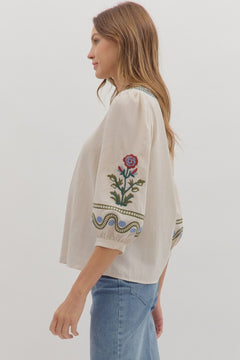 Embroidered V - Neck Floral Top - Lush Lemon - Women&