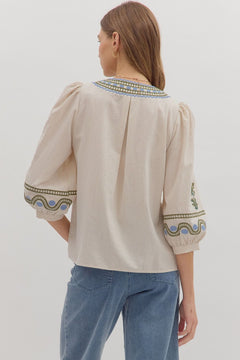 Embroidered V - Neck Floral Top - Lush Lemon - Women&