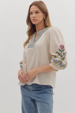 Embroidered V - Neck Floral Top - Lush Lemon - Women&