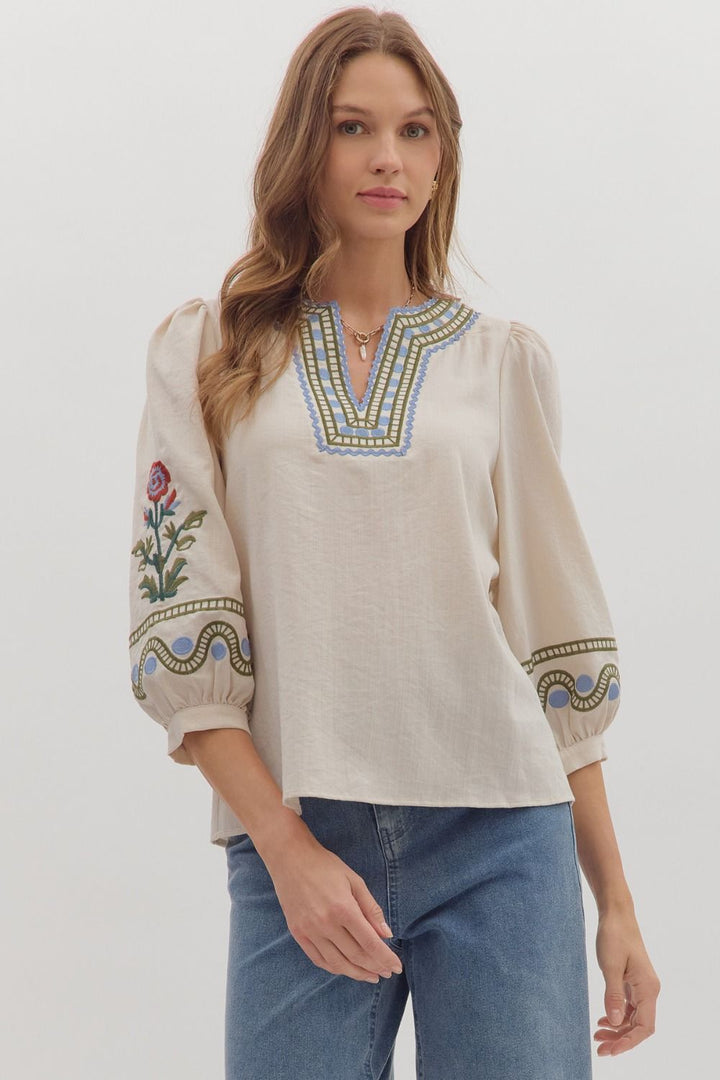 Embroidered V - Neck Floral Top - Lush Lemon - Women's Clothing - Entro - 65452371039037