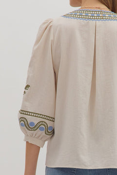 Embroidered V - Neck Floral Top - Lush Lemon - Women&