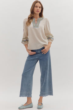 Embroidered V - Neck Floral Top - Lush Lemon - Women&