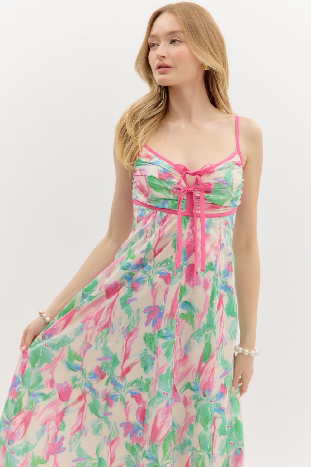 Empire Floral Bow Tie Midi Dress - Lush Lemon - Women's Clothing - Entro - 16661021007101