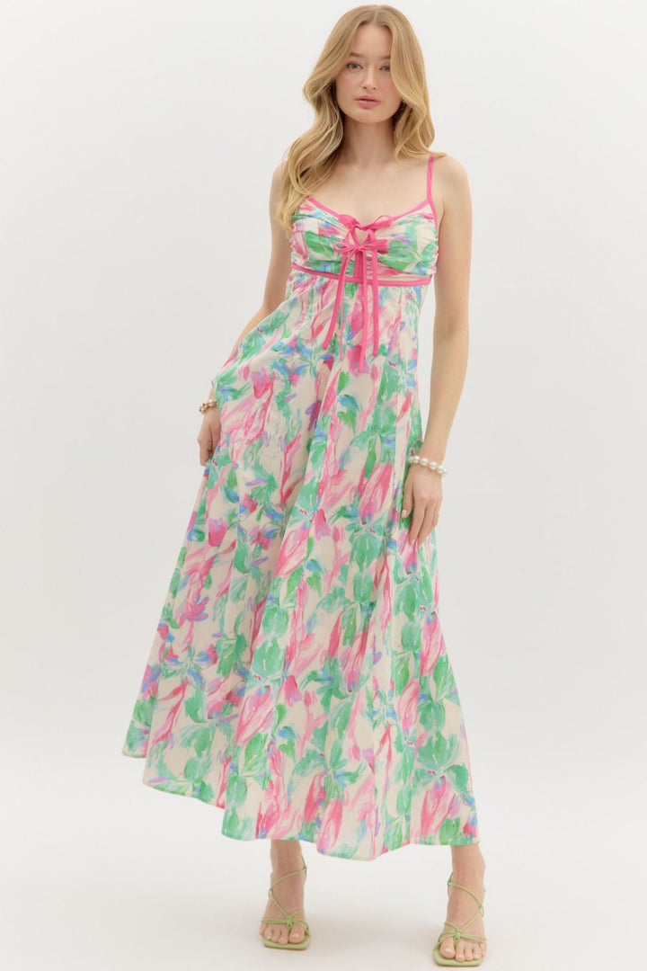 Empire Floral Bow Tie Midi Dress - Lush Lemon - Women's Clothing - Entro - 16661021007101