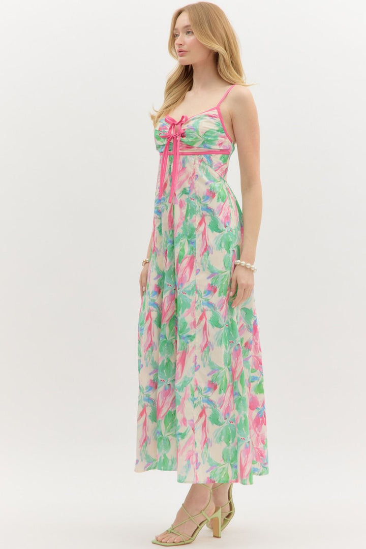 Empire Floral Bow Tie Midi Dress - Lush Lemon - Women's Clothing - Entro - 16661021007101
