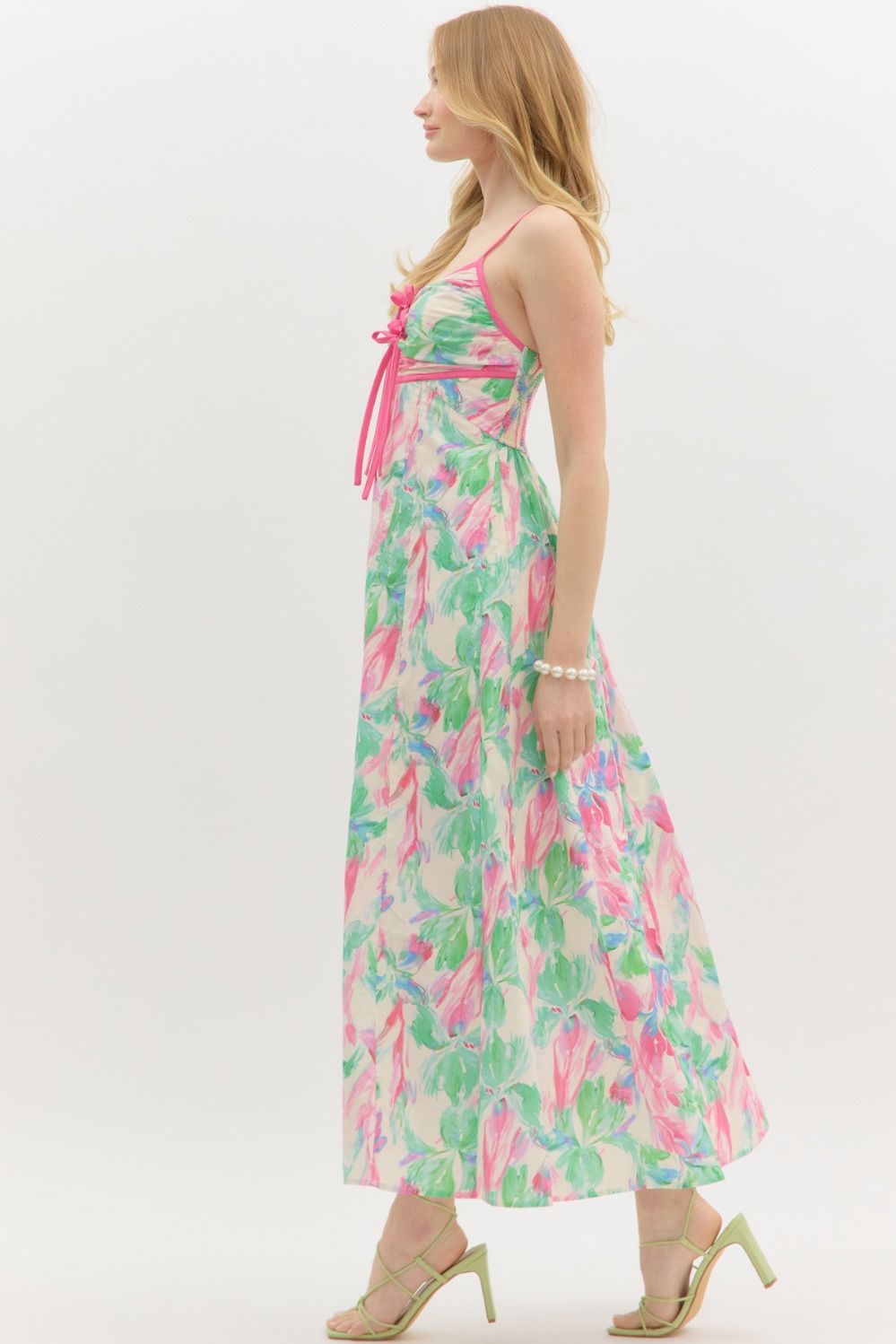 Empire Floral Bow Tie Midi Dress - Lush Lemon - Women's Clothing - Entro - 16661021007101