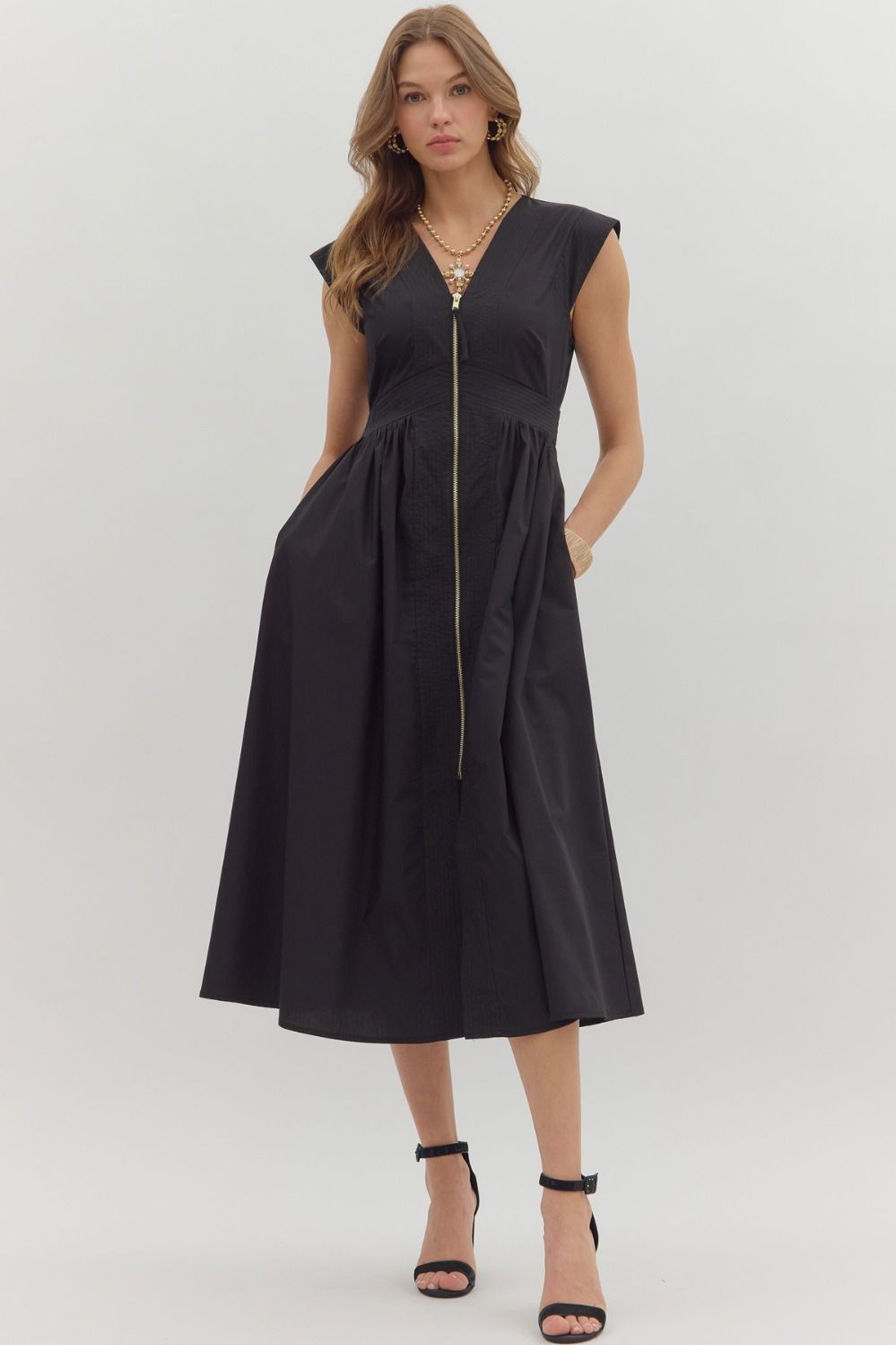 Solid Zip Front Midi Dress W/Cap Sleeve