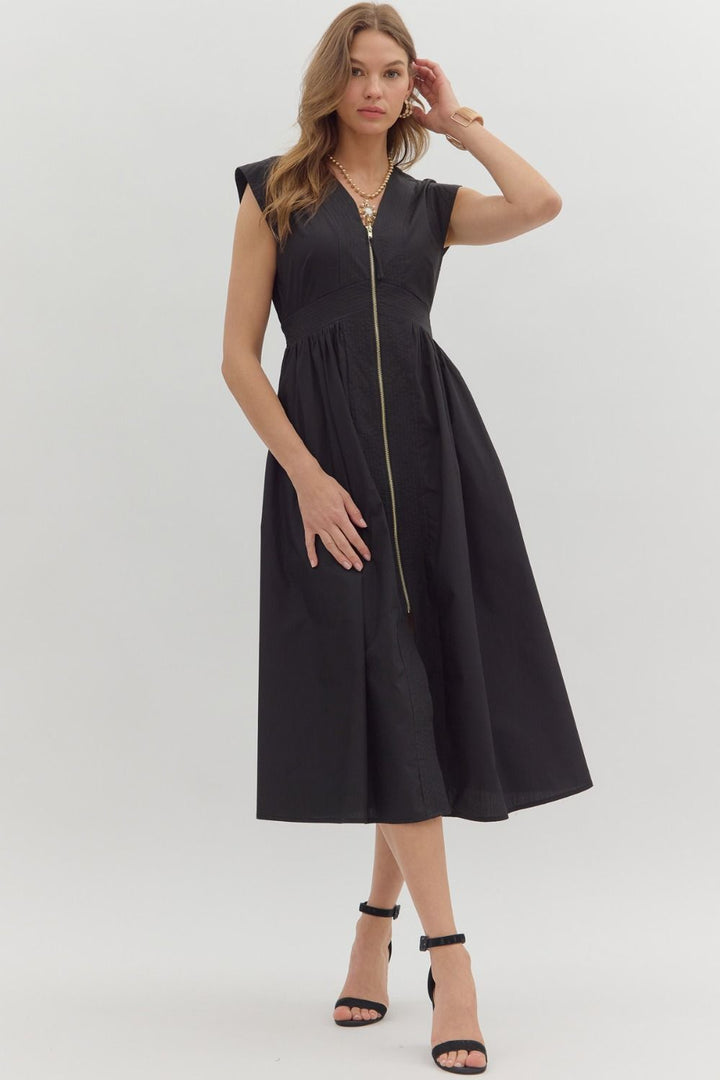 Solid Zip Front Midi Dress W/Cap Sleeve