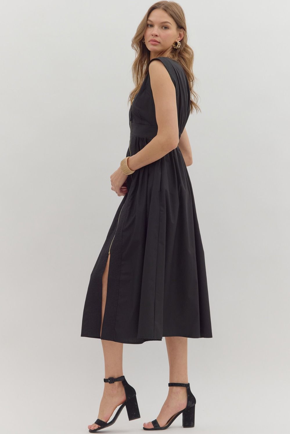 Solid Zip Front Midi Dress W/Cap Sleeve