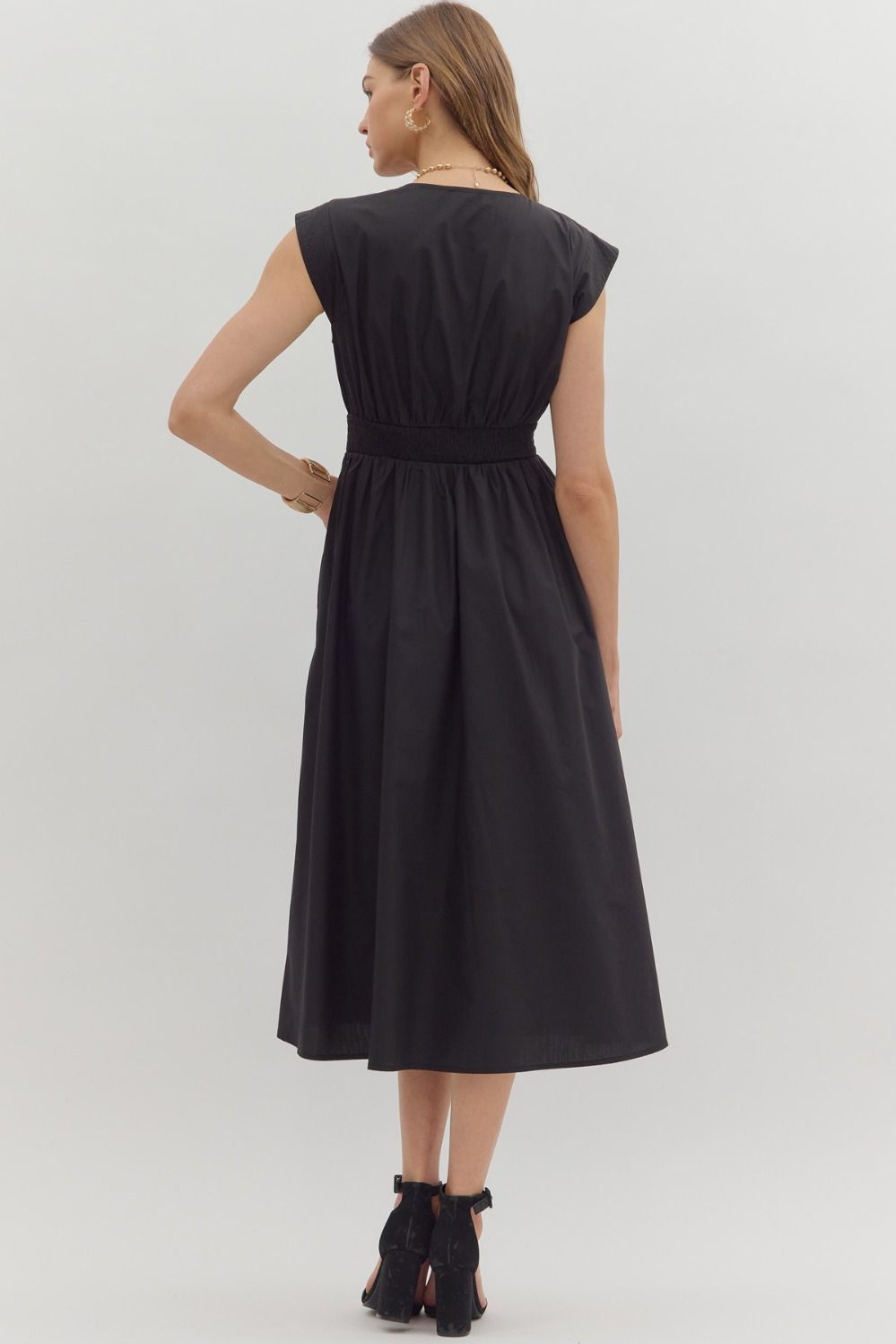 Solid Zip Front Midi Dress W/Cap Sleeve