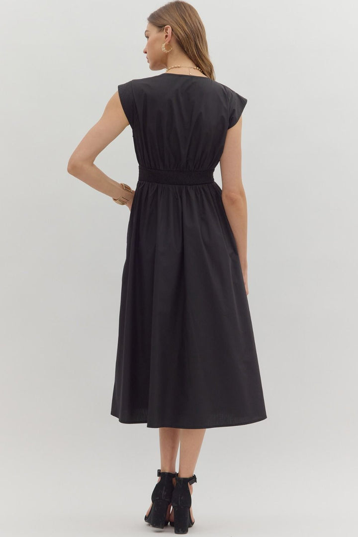 Solid Zip Front Midi Dress W/Cap Sleeve