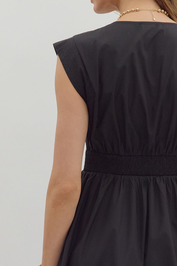 Solid Zip Front Midi Dress W/Cap Sleeve