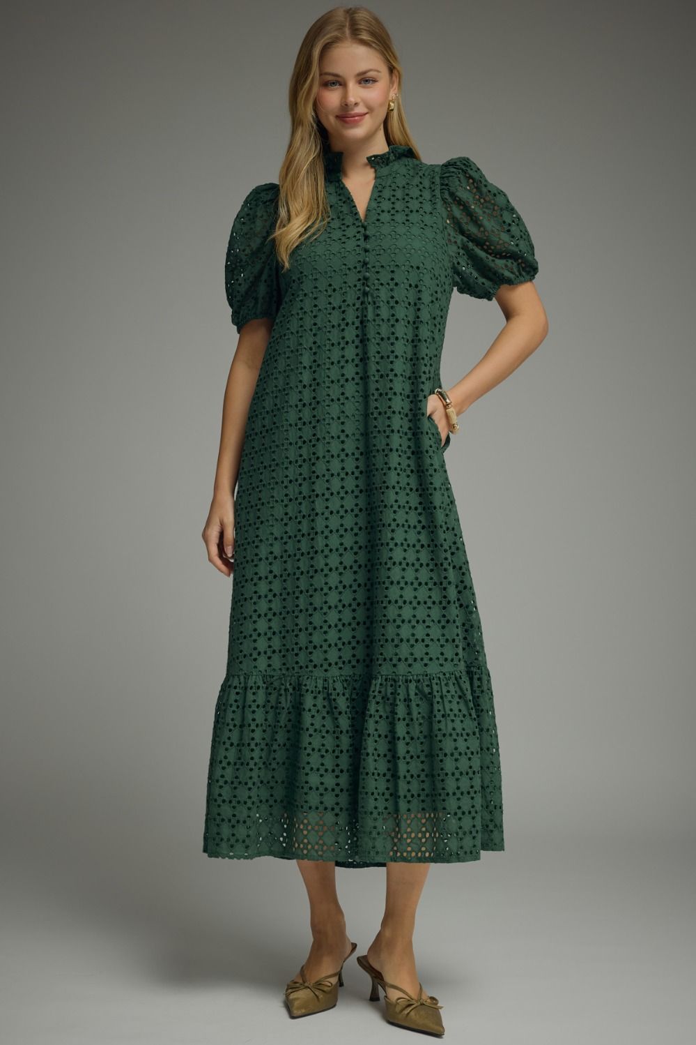 Eyelet Puff Sleeve Midi Dress
