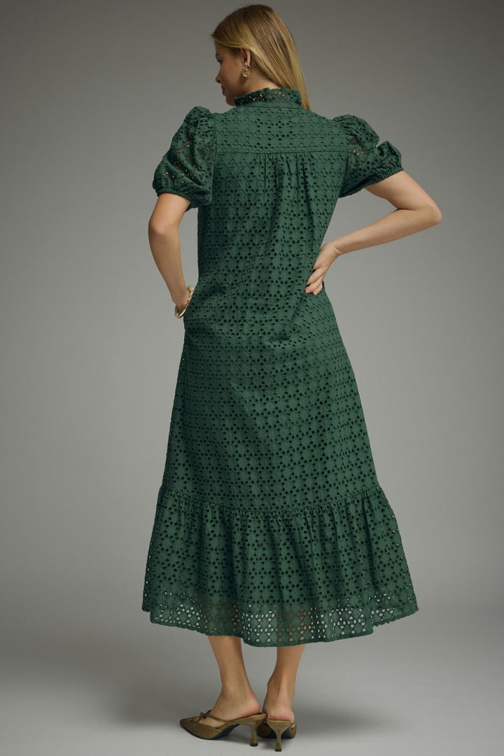 Eyelet Puff Sleeve Midi Dress