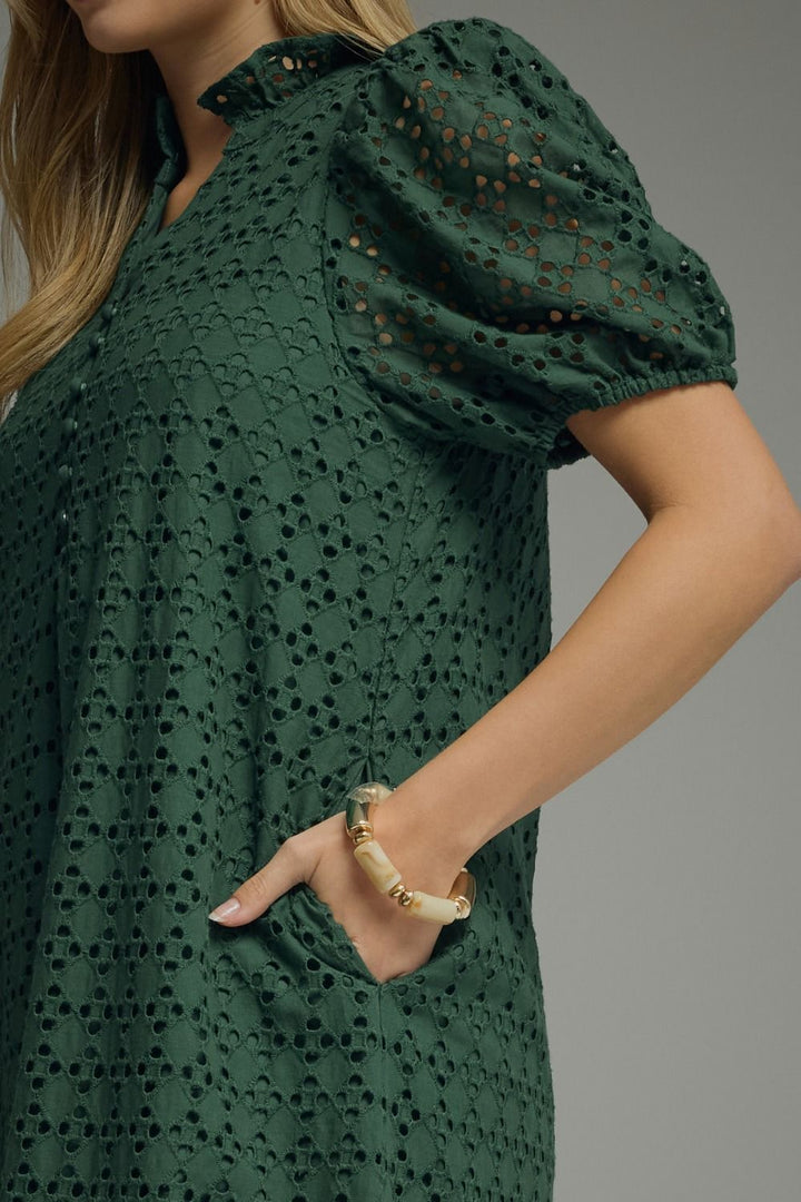 Eyelet Puff Sleeve Midi Dress