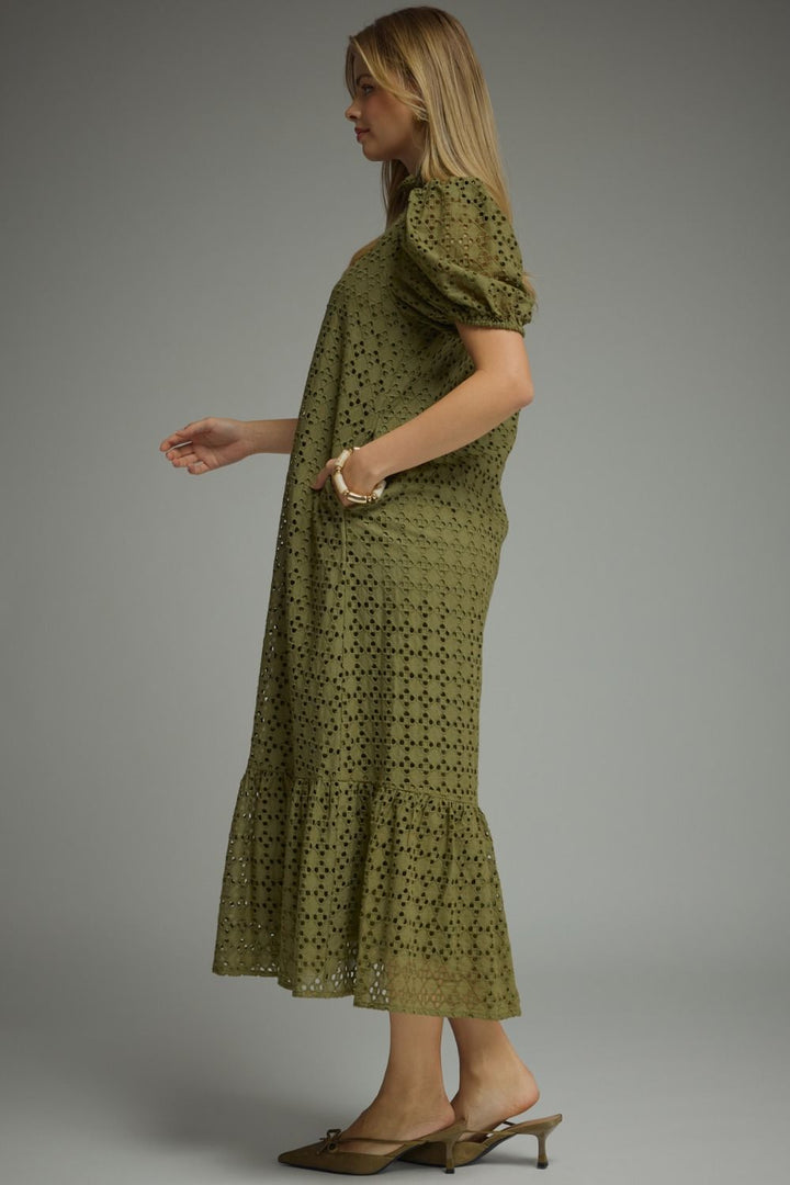Eyelet Puff Sleeve Midi Dress