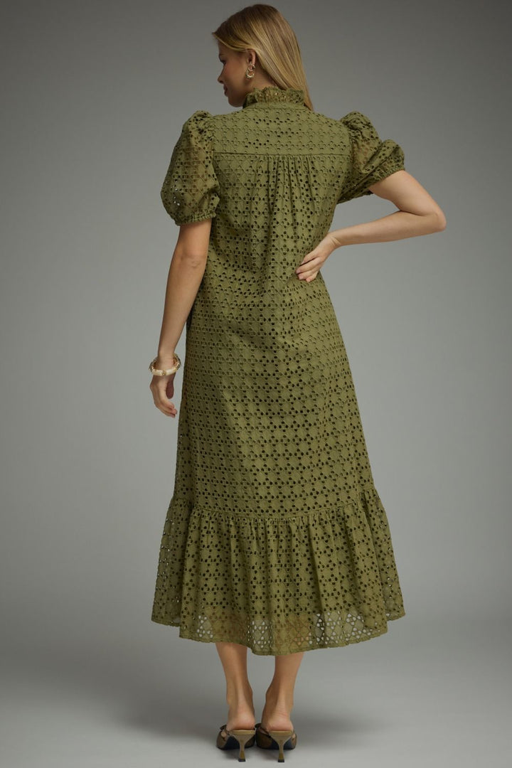 Eyelet Puff Sleeve Midi Dress