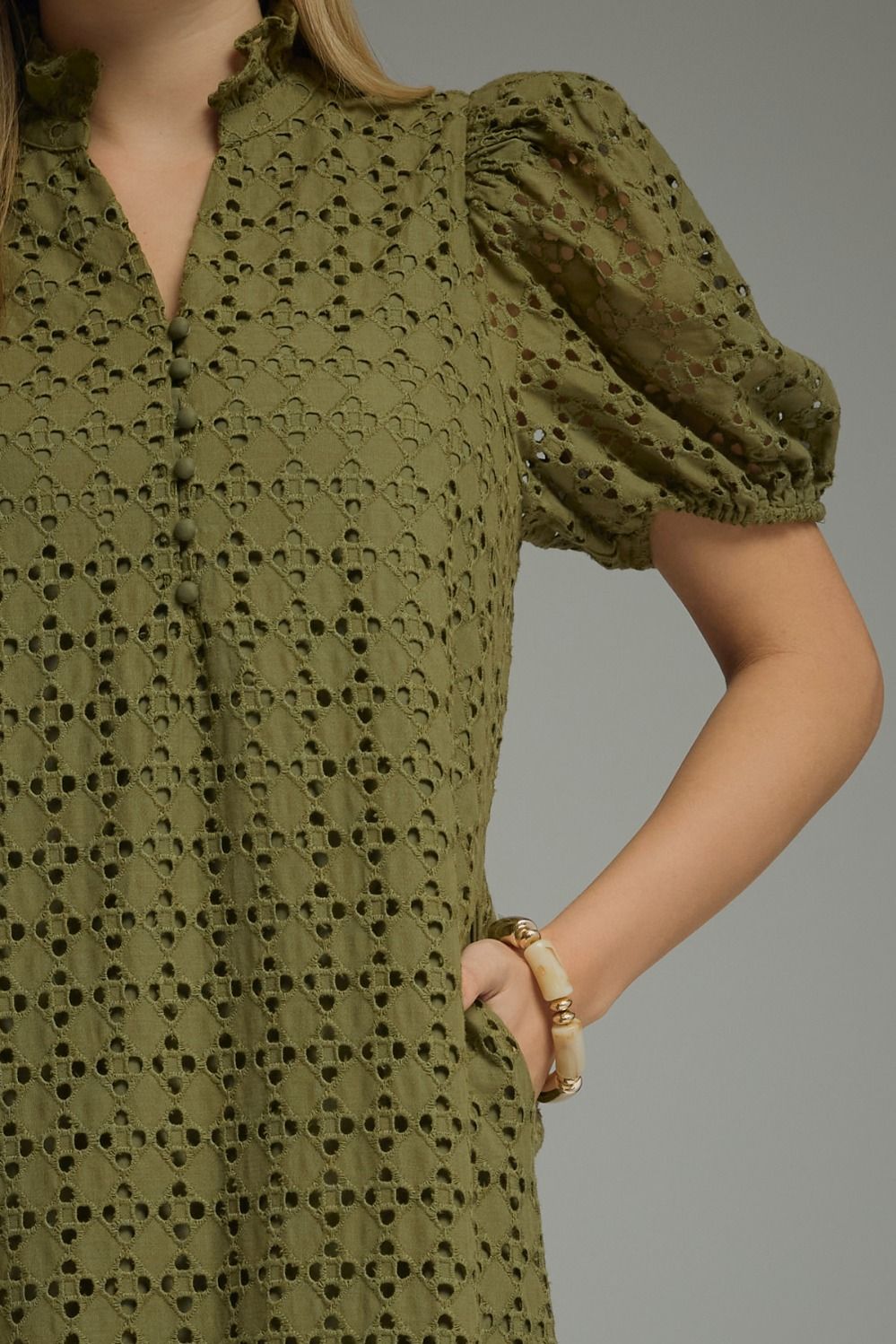 Eyelet Puff Sleeve Midi Dress