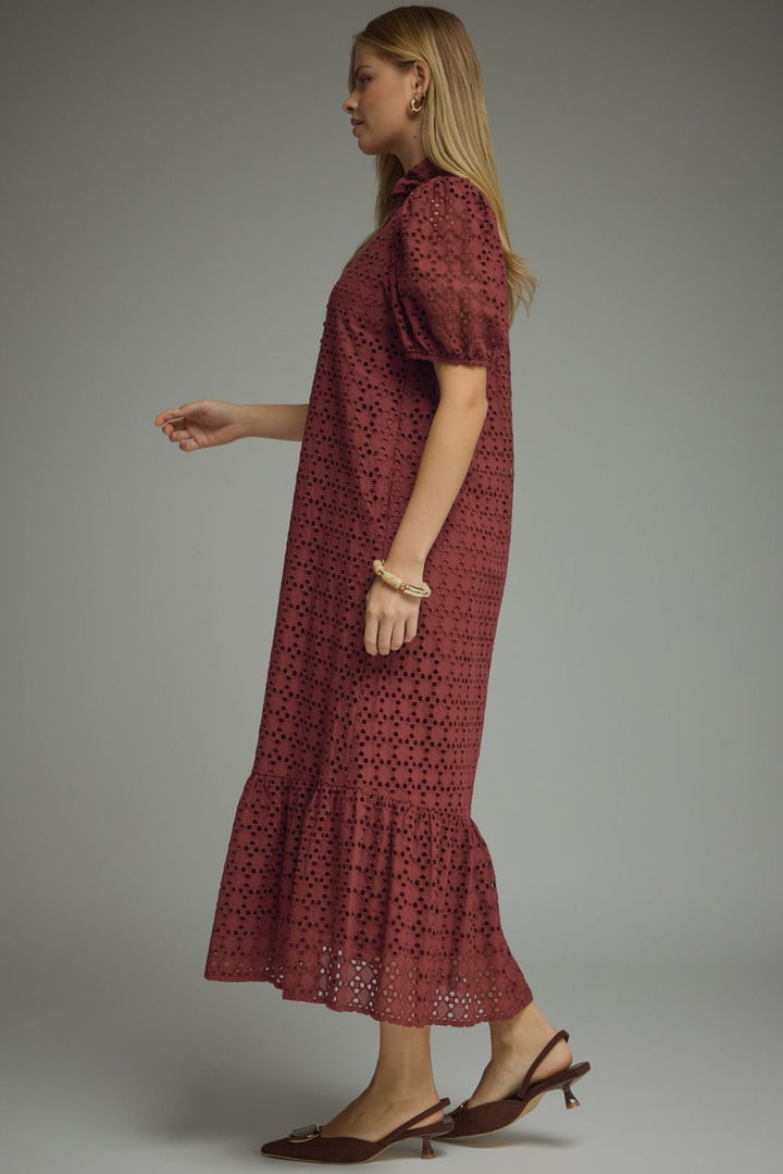 Eyelet Puff Sleeve Midi Dress