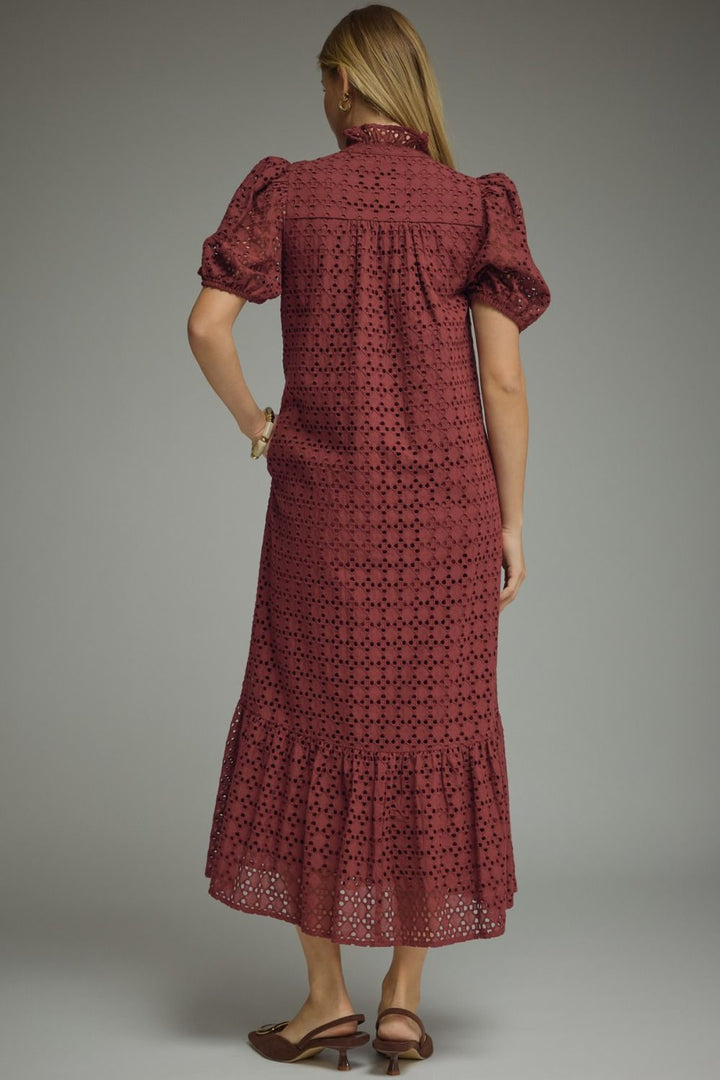 Eyelet Puff Sleeve Midi Dress