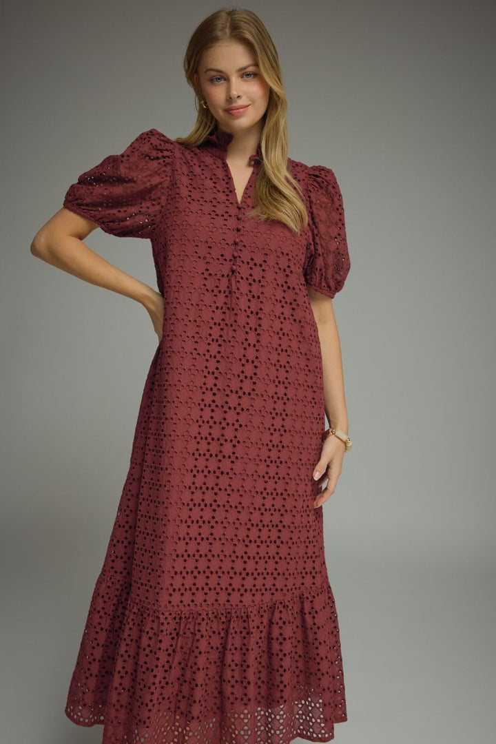 Eyelet Puff Sleeve Midi Dress