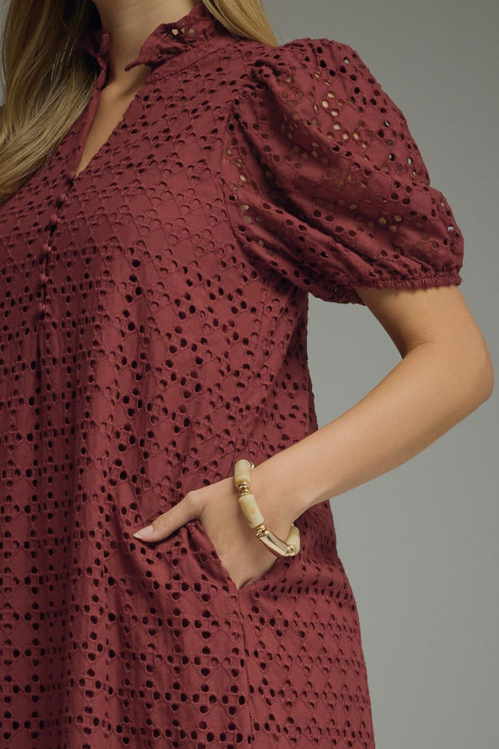 Eyelet Puff Sleeve Midi Dress