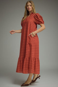 Eyelet Puff Sleeve Midi Dress