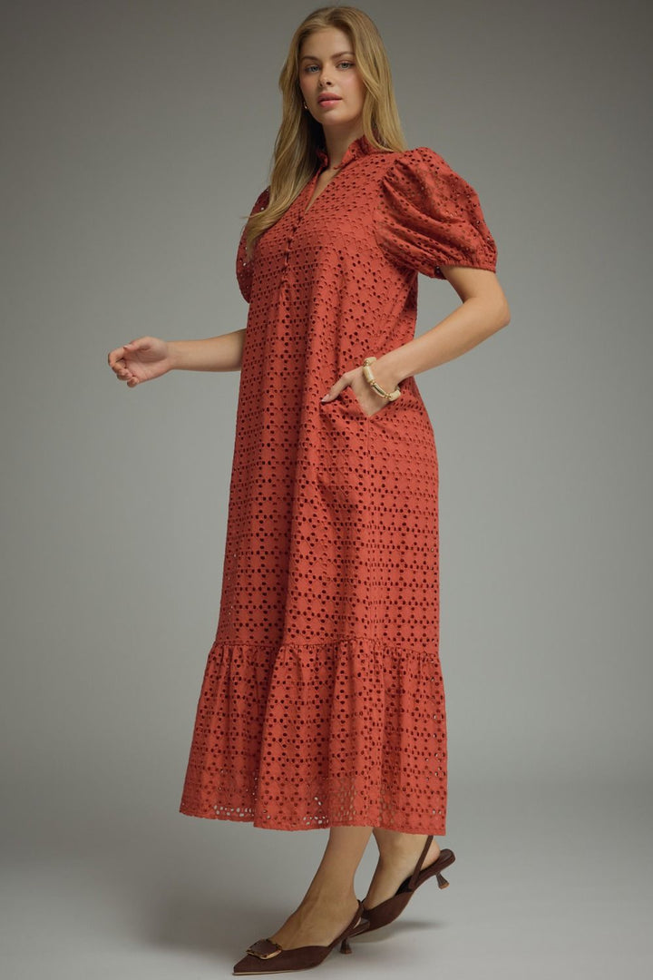 Eyelet Puff Sleeve Midi Dress