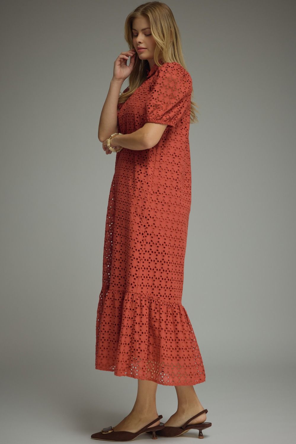 Eyelet Puff Sleeve Midi Dress