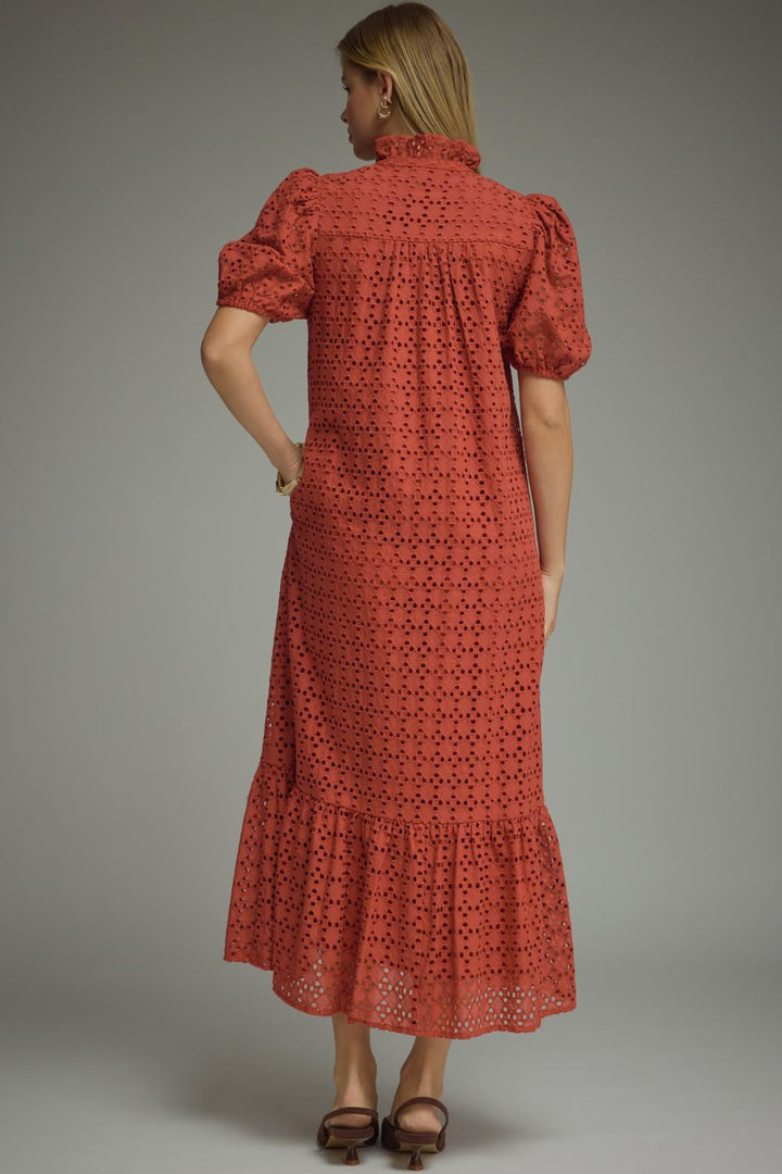 Eyelet Puff Sleeve Midi Dress
