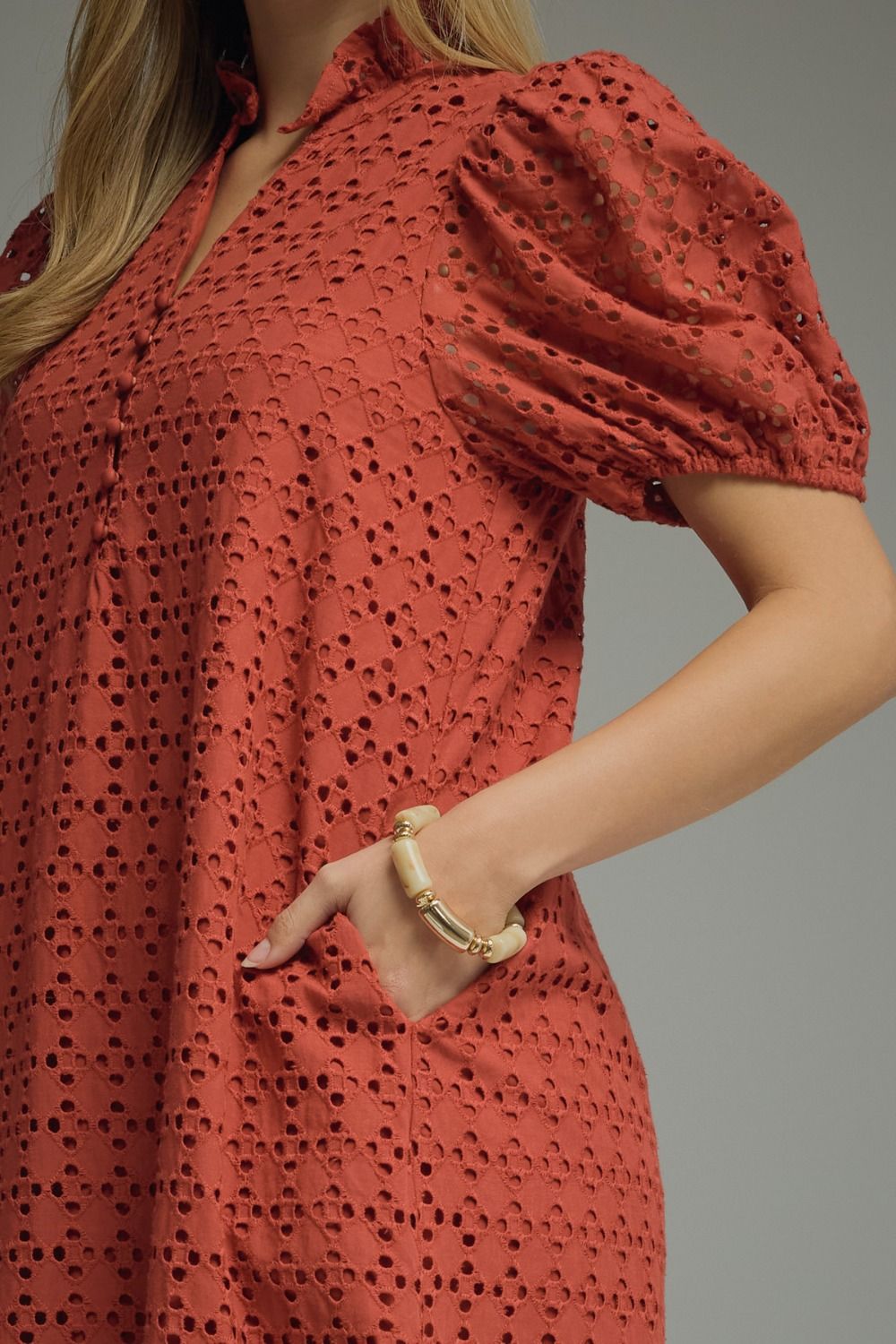 Eyelet Puff Sleeve Midi Dress