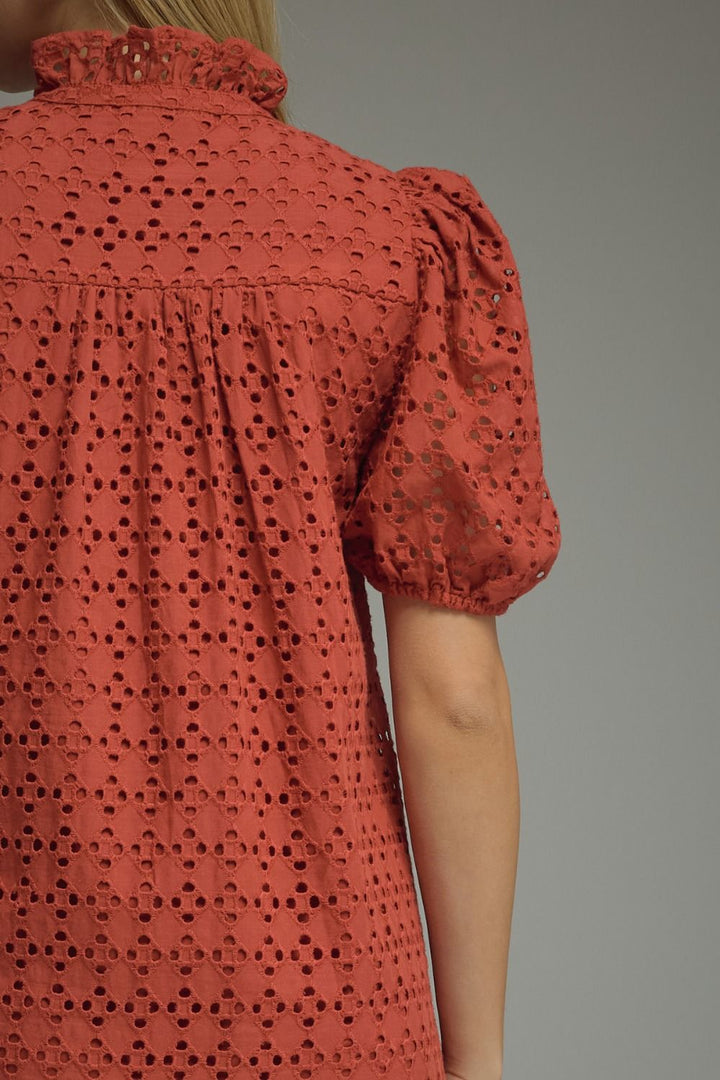 Eyelet Puff Sleeve Midi Dress